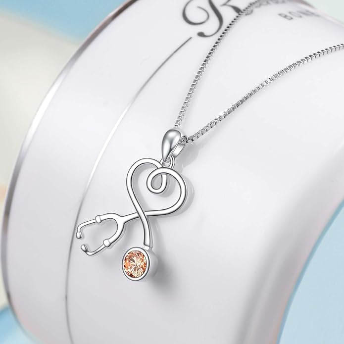 AOBOCO Stethoscope Necklace 925 Sterling Silver Embellished with 12 Months Birthstone Crystals from Austria, Graduation Gifts Medical Jewelry for Doctor Nurse Medical Student RN