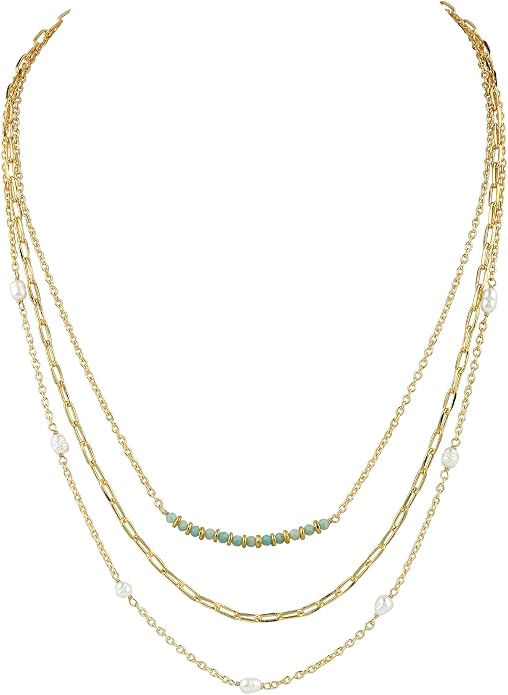 Beads With Pearl 3 Layered Necklaces for Women 14k Gold Plated Dainty Stackable Choker Necklaces for Women Trendy Layering, Cuban Link, Paperclip Chain, For Women Gifts