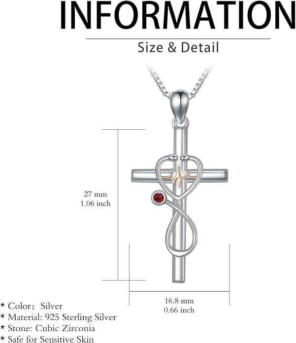 HPQQ Gifts for Nurse Sterling Silver Stethoscope Cross Necklace Nurses Birthstone Jewelry Nursing Themed Medicine Nurses Week Graduation Gifts Doctor Medical Student RN
