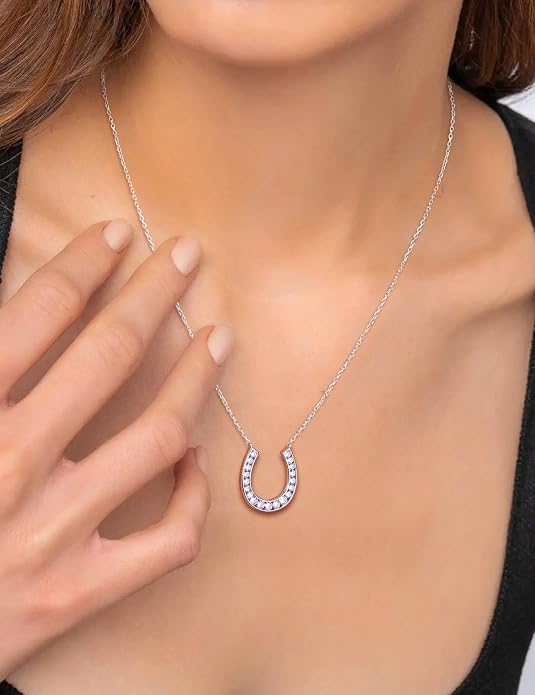 Luck Horseshoe Necklace 14K Gold Plated/Sterling Silver Created Gemstone Pendant with Chain Channel Set U Shaped Charm Necklace Birthstone Jewelry