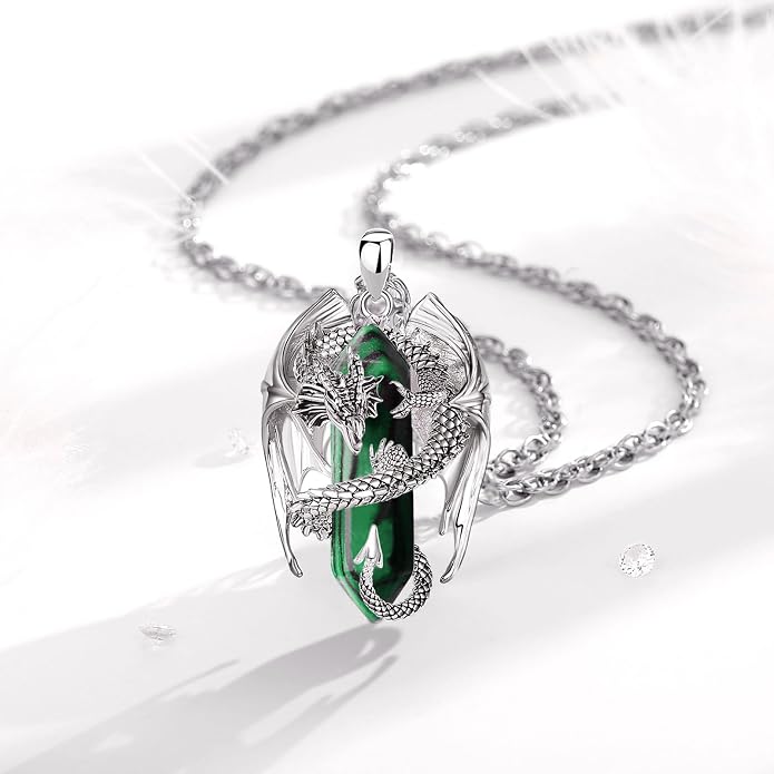 INFUSEU Unique Dragon Necklaces with Healing Crystal Stone for Men Women, Personalized Spiritual Gifts, 24 Inch Chain