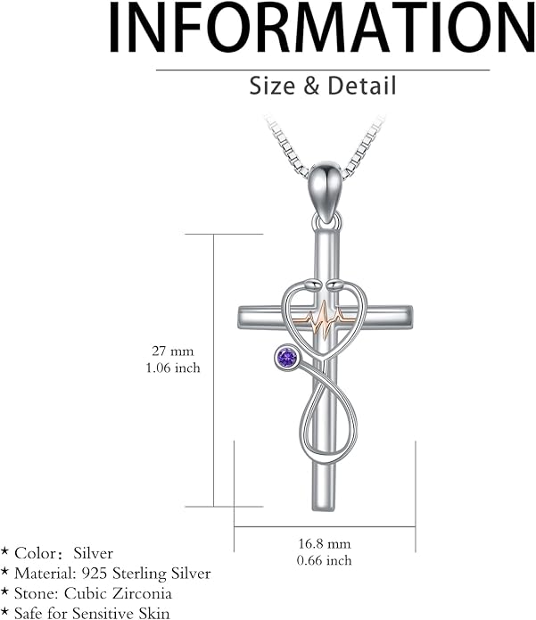 HPQQ Gifts for Nurse Sterling Silver Stethoscope Cross Necklace Nurses Birthstone Jewelry Nursing Themed Medicine Nurses Week Graduation Gifts Doctor Medical Student RN