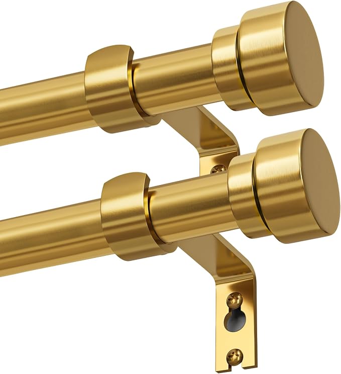 Lootkell 2 Pack Gold Curtain Rods Set for Windows 66 to 120 Heavy Duty 1" Diameter Adjustable Window Single Rods with Solid Metal Finials for Bedroom Living Room Kitchen Farmhouse