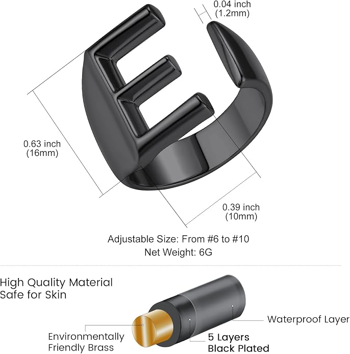 KeyStyle Bold Initial Letter Rings Adjustable, GoldChic Jewelry Women Gold Statement Ring Personalized Engraved Women’s Open Signet Ring for Party (Gold, White Gold, Black)