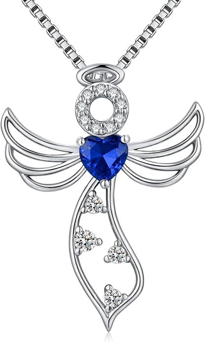 925 Sterling Silver Guardian Angel Pendant Necklace for Women - Birthstone Cubic Zirconia, 18" Chain, Gift for Her