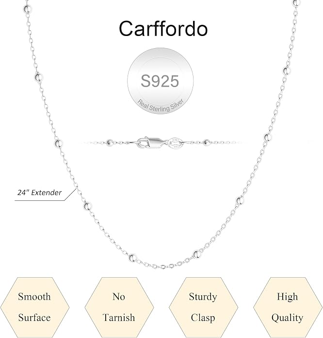 Carffordo 925 Sterling Silver Chain Necklace 16K Gold Plated Beaded Chain Necklace for Women Simple Dainty Choker Necklace Satellite Waterproof Link Necklace Trendy Jewelry Gifts
