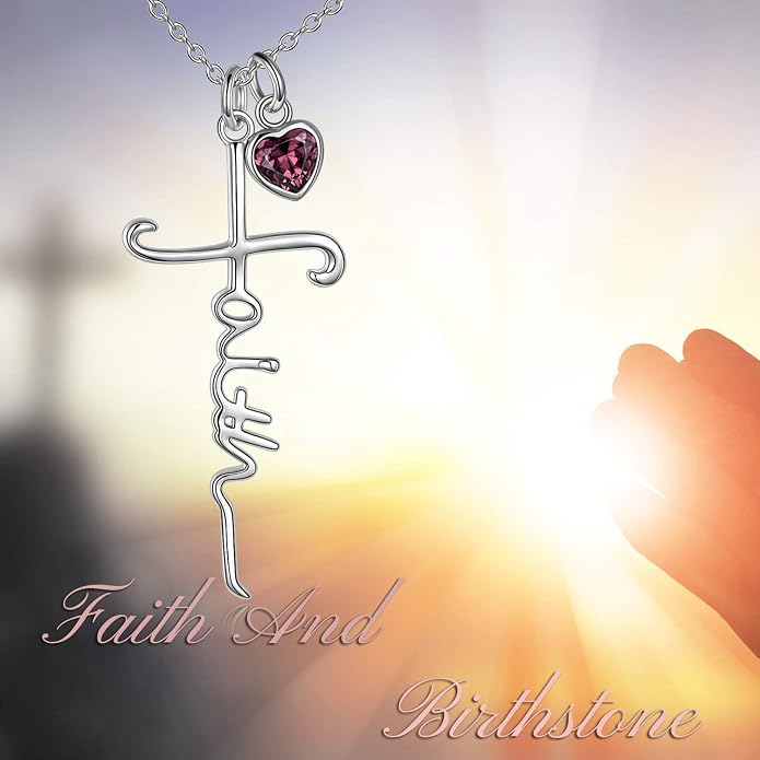 Faith Cross Necklace For Women Birthstone Sterling Silver with Simulated Birthstone Cross Jewelry Christian Gifts