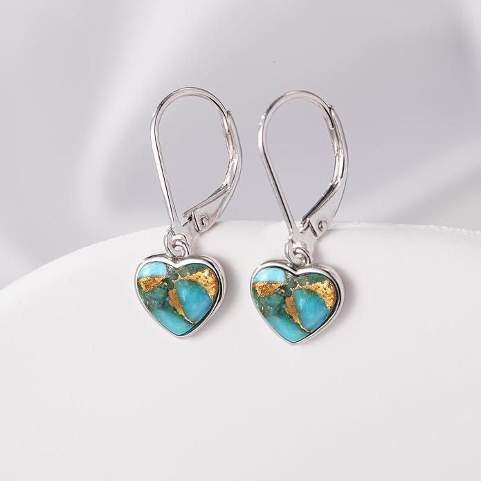 Heart Natural Turquoise Earrings for Women - Top AAA Grade, Hypoallergenic 925 Sterling Silver Leverback Dangle Earrings, Trendy Jewelry Gifts