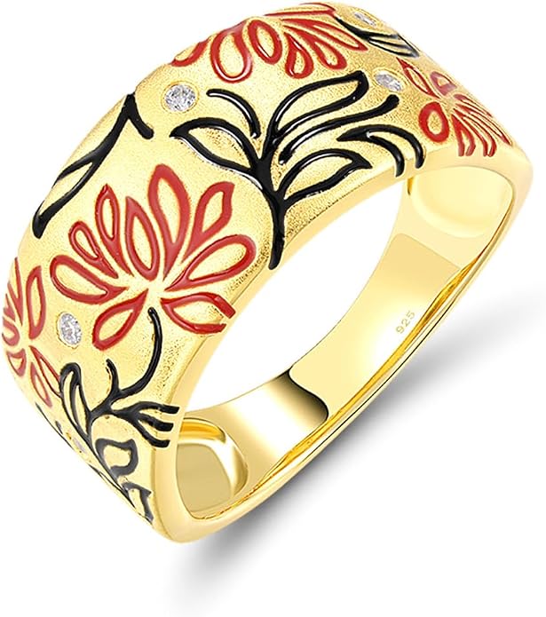 Santuzza 925 Sterling Silver Enamel Flower Pattern Ring for Women