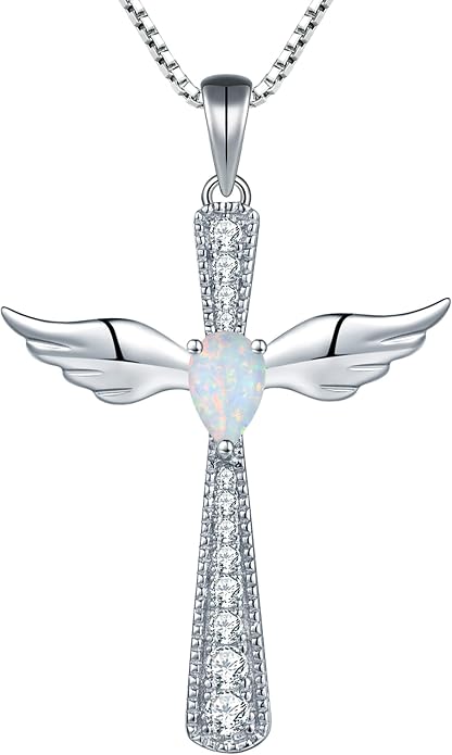 YL Cross Necklace 925 Sterling Silver Angel Wings Pendant Teardrop Birthstone Criss Jewelry for Women