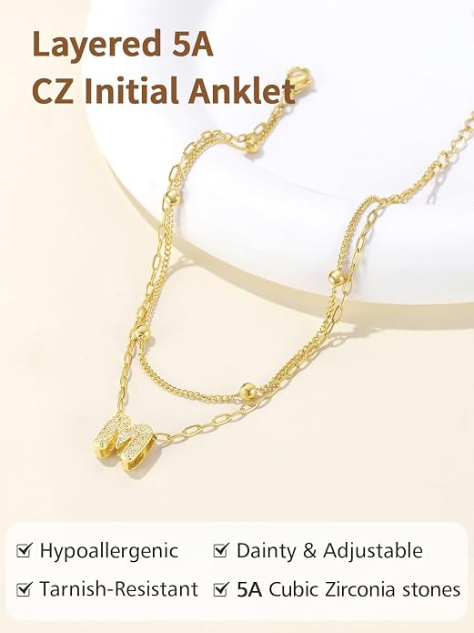 FindChic Silver/14K Gold Plated Layered CZ Initial Ankle Bracelet for Women | Waterproof Stainless Steel, Cubic Zirconia Letter Charm, Non-Tarnish, Hypoallergenic, Adjustable Extender, Summer Jewelry