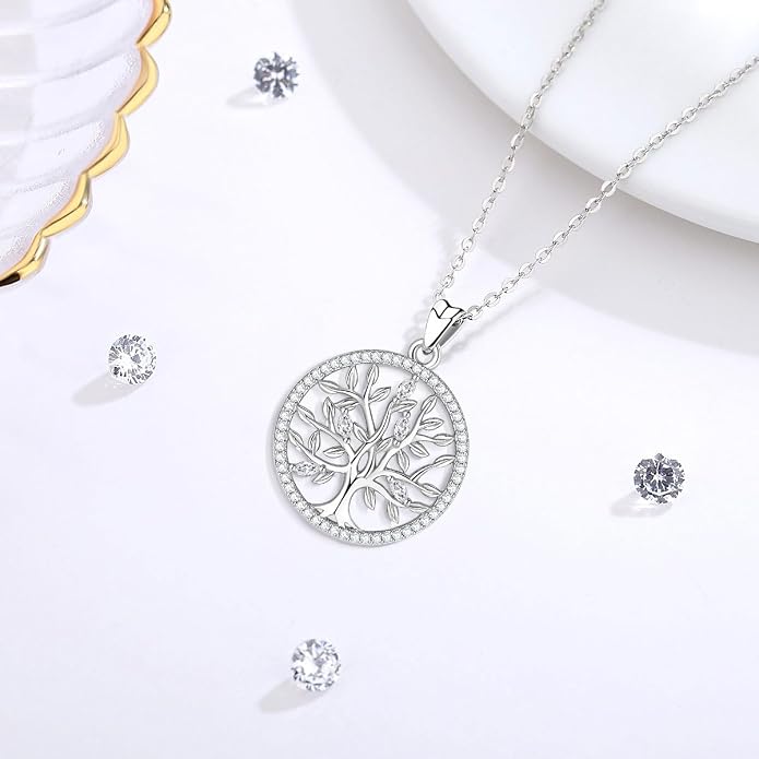 AEONSLOVE Tree of Life Necklace 925 Sterling Silver, Family Tree of Life Pendants Jewelry Gifts for Women Wife Mother, 18 Inch Chain