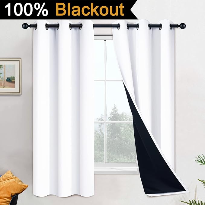Yakamok Pure White 100% Blackout Curtains 63 Inches Long 42" Wide 2 Panel | Blackout Curtain Panels for Bedroom, 2 Thick Layers Grommet Top Thermal Insulated Drapes with Black Liner for Living Room