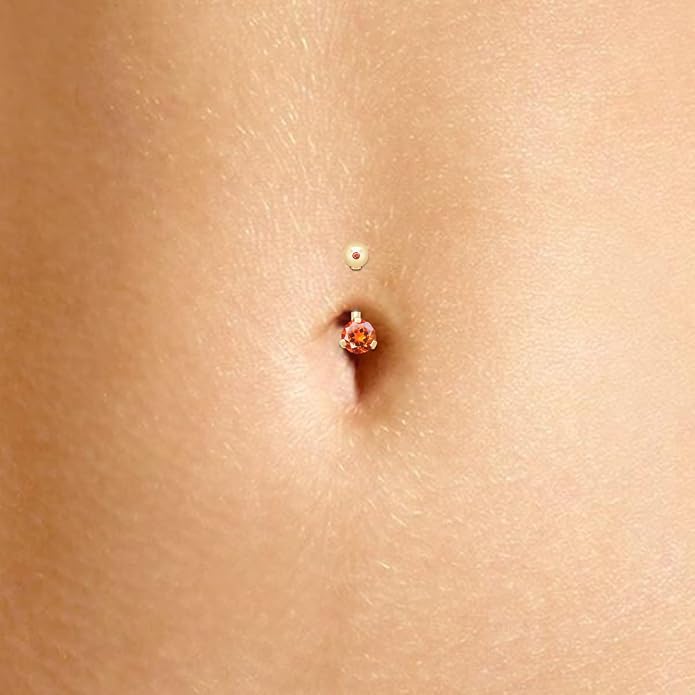 AFFY Internally Threaded Belly Button Navel Ring for Women, Three-Prong Round Simulated Birthstone in 14K Gold Over 925 Sterling Silver, Body Piercing Jewelry Gift