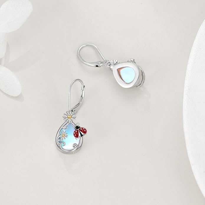AOBOCO Teardrop Dangle Earrings for Women 925 Sterling Silver Moonstone Flower Filigree Leverback Jewelry Birthday