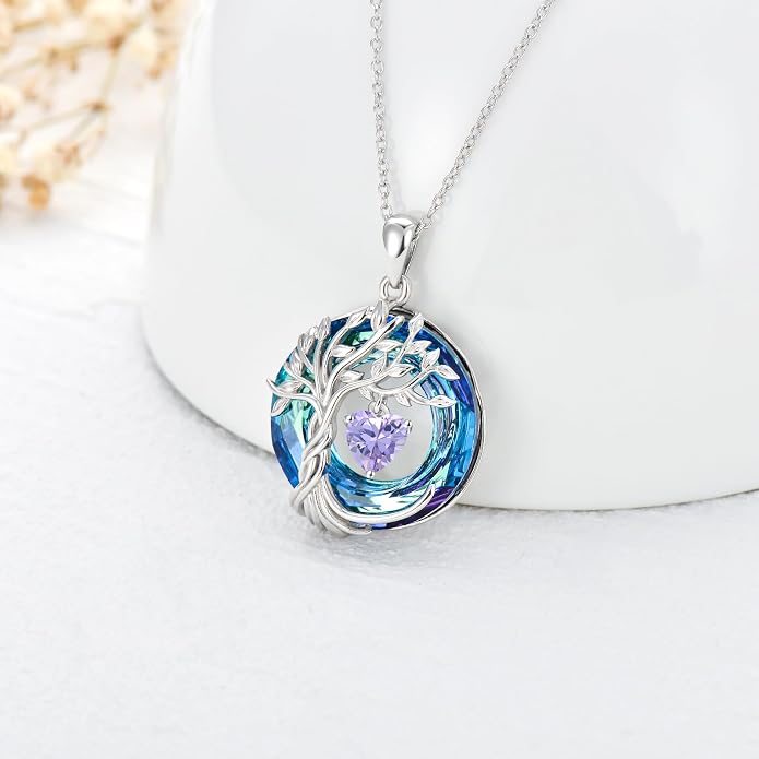 TOUPOP Tree of Life Birthstone Necklaces 925 Sterling Silver Irish Celtic Tree Pendant with Blue Crystal Birthday Jewelry Gifts for Women Mom Wife Her