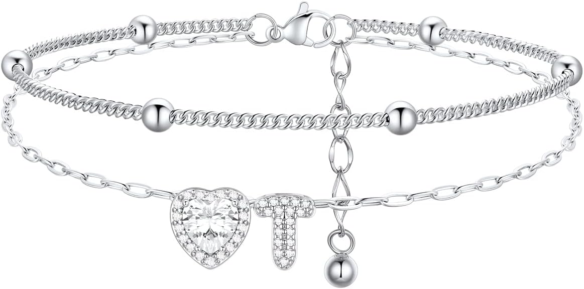 FindChic Silver/14K Gold Plated Layered CZ Initial Ankle Bracelet for Women | Waterproof Stainless Steel, Cubic Zirconia Letter Charm, Non-Tarnish, Hypoallergenic, Adjustable Extender, Summer Jewelry