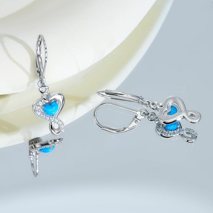 Real 925 Sterling Silver Trendy Dangle Earrings for Women | White Gold Plated | Hypoallergenic Turquoise/Black Onyx/Opal Filigree Jewelry Lightweight Celtic Lover Knot Leverback Earrings Gifts