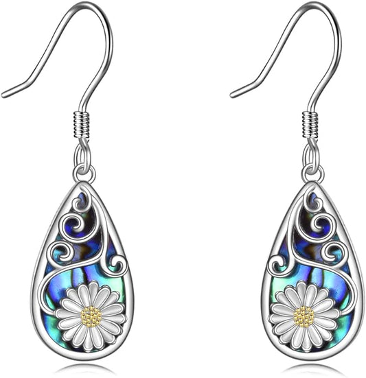 CRMAD Hummingbird/Bee/Leaves/Sunflower/Daisy/Dragonfly/Rose/Lotus Flower Sterling Silver Filigree Teardrop Earrings Abalone Shell Jewelry for Women