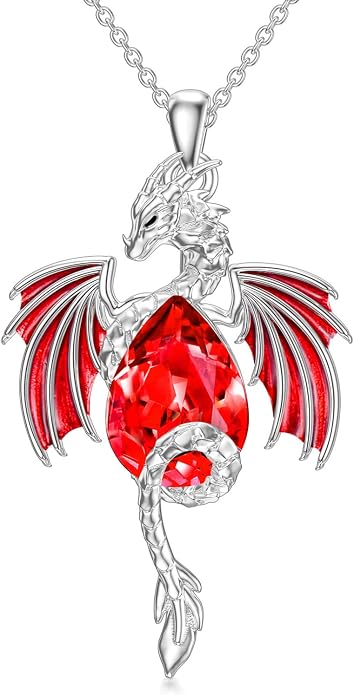 Dragon Necklace for Men Sterling Silver Birthstone Wyvern Necklace Embllished with Teardrop Shaped Crystal Jewelry for Women