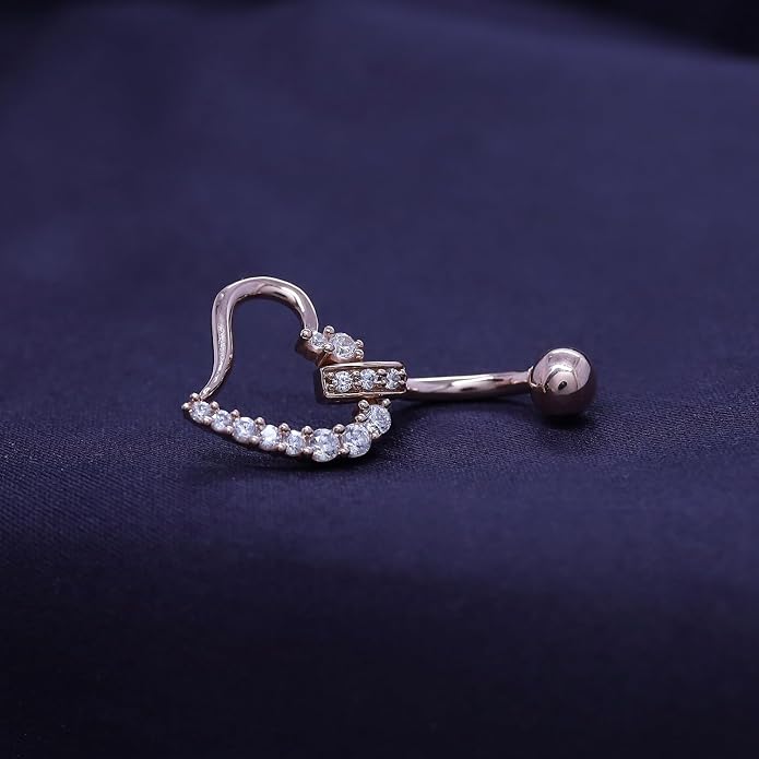 AFFY Women's Heart Charm Belly Ring with Round White Cubic Zirconia in 14K Gold Plated 925 Sterling Silver, Dangle Navel Piercing Jewelry for Her