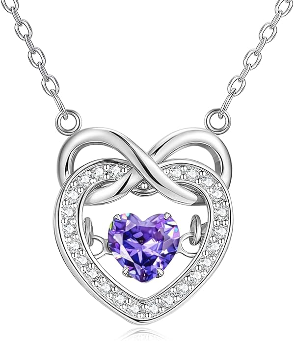 Trendy Dainty Infinity Birthstone Necklace, Dancing Heart 18K White Gold Plated 925 Sterling Silver Heart Necklace, Romantic Love Jewelry Graduation Gifts for Women Her