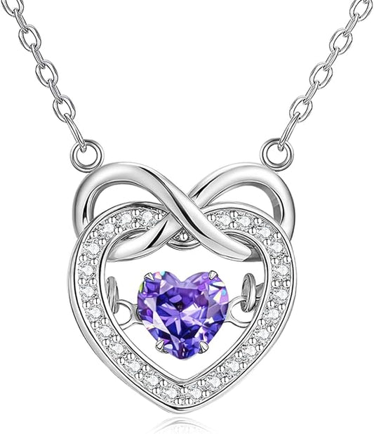 Trendy Dainty Infinity Birthstone Necklace, Dancing Heart 18K White Gold Plated 925 Sterling Silver Heart Necklace, Romantic Love Jewelry Graduation Gifts for Women Her