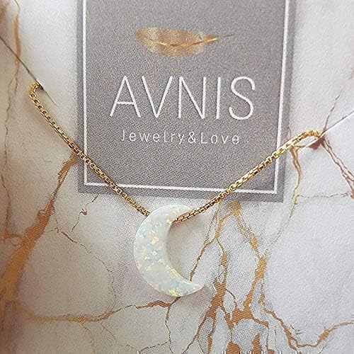 AVNIS White Opal Moon Necklace Crescent Moon Choker Jewelry, Dainty Box chain Length 16+2 Inches extender Gift for Girl Women