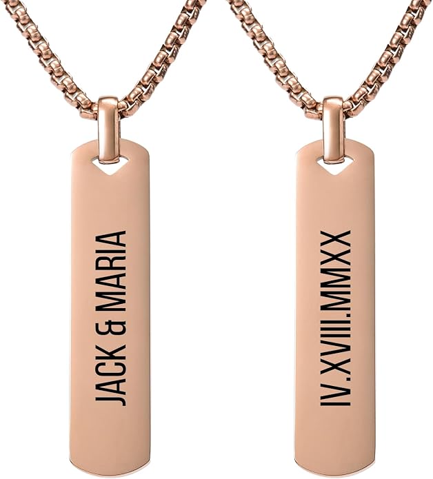 Fathers Day Personalized Vertical Bar Pendant Necklace - Custom Name Text Necklace Customized Stainless Steel Memorial Necklace Dad Gifts for Men