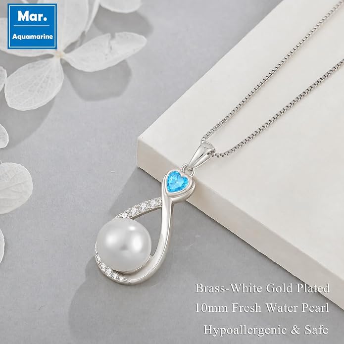 Heart Birthstone Pearl Pendant Necklace, 925 Sterling Silver Infinity Necklace with 10mm Freshwater Cultured Pearl & 4mm Gemstone Jewelry for Women