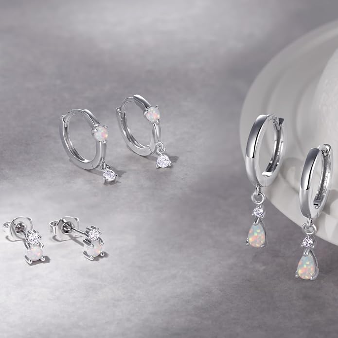 Angelady Opal Earrings Set for Women, Hypoallergenic S925 Sun Stud Earring for Sensitive Ears, Dainty Hoop Huggie Silver Opal Dangle Earring Stacks, Blue Earrings for Women Trendy 2025