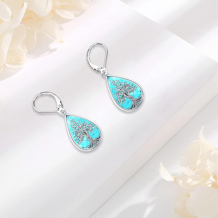 Dangle Earrings Sterling Silver Moonstone/Turquoise/CZ/Crystal Earrings for Women Tree of Life Animal Filigree Leverback Earrings Jewelry Gifts