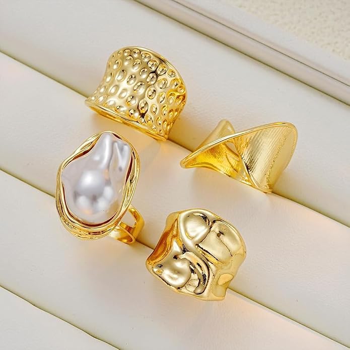 Chunky Gold Irregular Rings Stack Set for Women Statement Baroque Pearl Flower Stackable Knuckle Finger Ring Non Tarnish Boho Hammered Jewelry Gifts