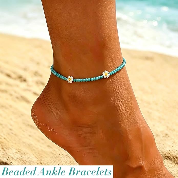 Beaded Chain Ankle Bracelets for Women Waterproof Sunflower Anklets Beachy Vacation Foot Jewelry Gifts