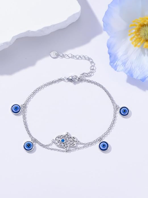 Dragonfly/Evil Eye/Hamsa Evil Eye/Lotus/Mushroom Anklet Bracelets for Women Sterling Silver Adjustable Double Layered Bracelet Anklet Mother's Day Jewelry Gifts Beach Jewelry