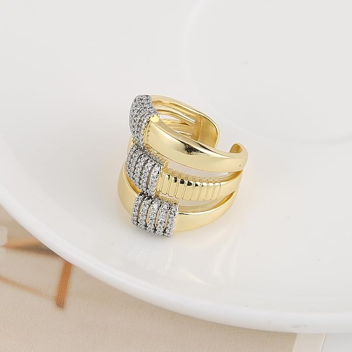 HZMAN 14K Gold Plated Brass Open Ring Collection for Women, Non-Adjustable Crystal Inlay Statement Rings, Wide Band Cocktail Jewelry Assorted Styles