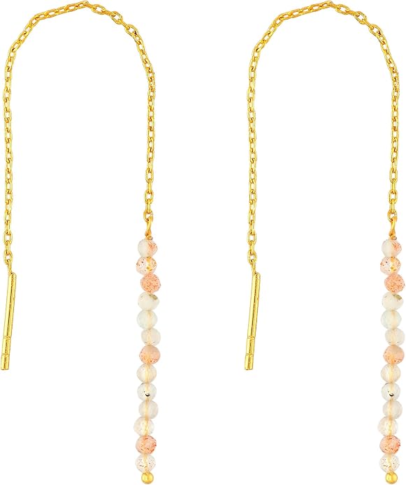Natural Gemstone Threader Earrings for Women - Dainty 2mm Faceted Beads - Birthstone Crystal Drop Earrings - Silver Plated Healing Jewelry