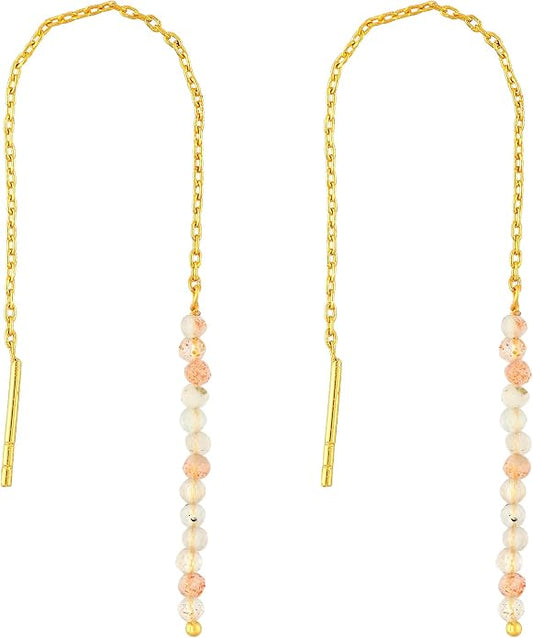 Natural Gemstone Threader Earrings for Women - Dainty 2mm Faceted Beads - Birthstone Crystal Drop Earrings - Silver Plated Healing Jewelry