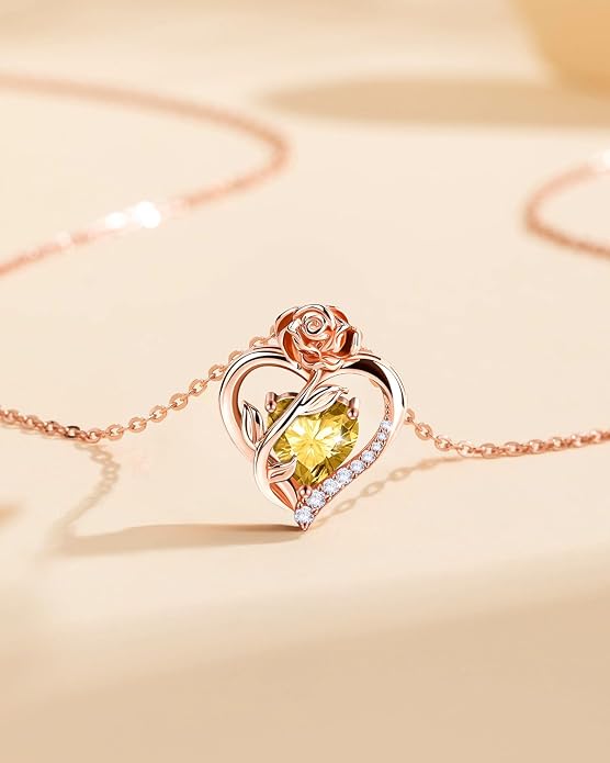 Anniversary Birthday Gifts for Women - Heart Birthstone Necklace: 925 Sterling Silver Rose/White/Yellow Gold Pendant Necklaces Gold Jewelry Gift for Wife Girlfriend Mom Daughter Grandma