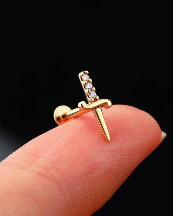Jewseen 9K Real Solid Gold Flat Back Stud Earring 16G 8mm Internally Threaded Fine Piercing Jewelry for Helix Tragus Lobe Lip