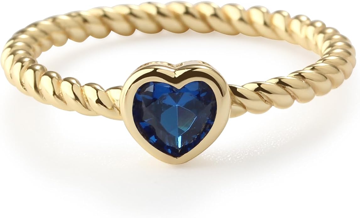 Precious Pieces 14K Gold Plated over .925 Sterling Silver Twisted Rope Band Baby Ring with Heart Birthstone CZ for Babies, Infants, Toddlers, Little Girls, Stackable or Pinky Ring for Teens and Women