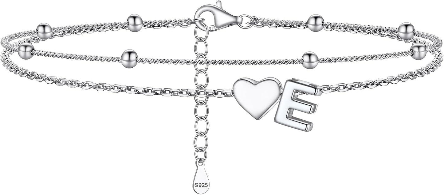 PROSILVER Ankle Bracelets for Women S925 Sterling Silver Anklets for Women Waterproof, Dainty Layered Heart Anklet, Beach Initial Anklet for Summer, Letter A-Z
