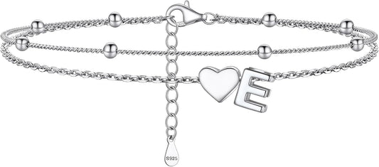 PROSILVER Ankle Bracelets for Women S925 Sterling Silver Anklets for Women Waterproof, Dainty Layered Heart Anklet, Beach Initial Anklet for Summer, Letter A-Z