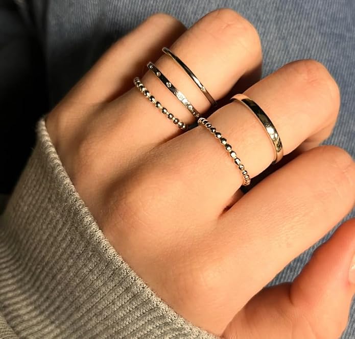 ALLYANNA 925 Sterling Silver Stackable Rings Set for Women, 6 Dainty Non Tarnish Stacking Rings, Bands For Women, Plain Bands Set, Jewelry Gifts For Her