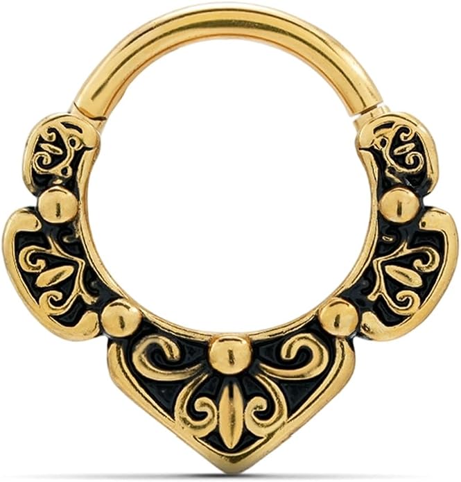 PUNKYOUTH 16G Titanium Septum Nose Ring Clicker Hoop 316L Surgical Steel Hinged Gothic Vintage Floral Style Earrings Piercing Jewelry for Nose Helix Rook Tragus 8mm Diameter