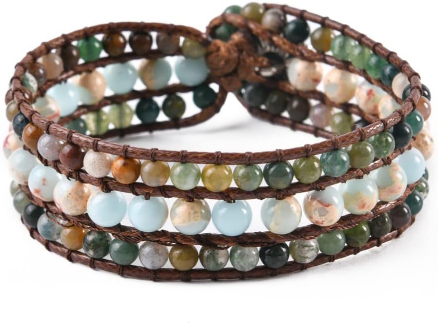 YGLINE Boho Handmade Natural Stone Bead 3 Row Wide Wrap Wrist Statment Bracelet Jewelry Collection