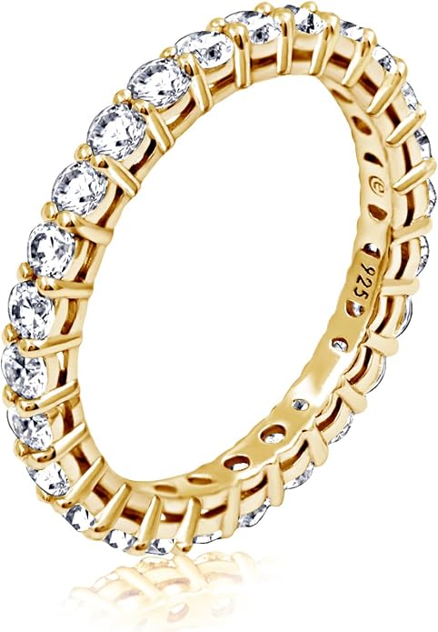 Amazon Essentials Platinum or Gold Plated Sterling Silver All-Around Band Ring set with Round Infinite Elements Cubic Zirconia