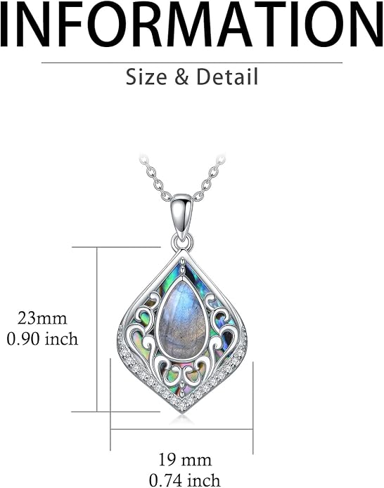 HPQQ Filigree Gemstone Necklace 925 Sterling Silver Teardrop Bohemian Necklace Abalone Shell Jewelry Birthday Gifts for Women
