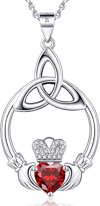 Gift Birthstone Necklaces for Women 925 Sterling Silver Irish Claddagh Necklace for Women Heart Birthstone Pendant Necklace Anniversary Birthday Gifts for Wife Lady Cable Chain 18"+2"
