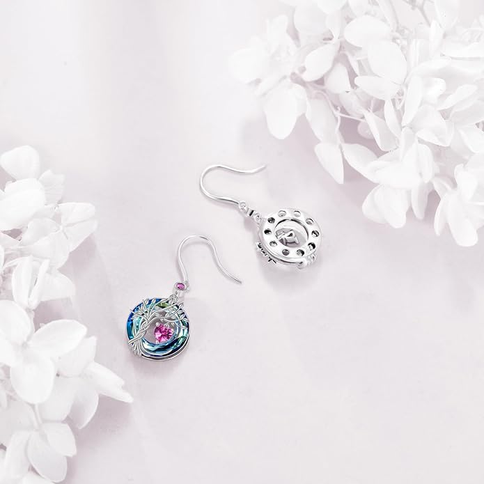 POPLYKE Tree of Life Birthstone Earrings 925 Sterling Silver Dainty Gemstone Birthstone Dangle Drop Earring with Crystal Fine Jewelry Birthday Gifts for Women Her